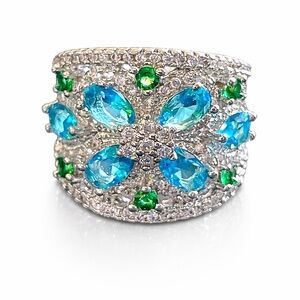 925 Silver Blue Green Zircon Statement Ring
